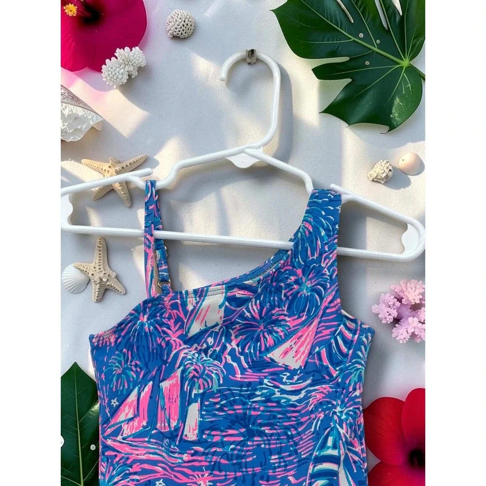 Lilly Pulitzer Girls One Piece Swimsuit Blue Pink Sailboat Palm Tree Print Sz 2